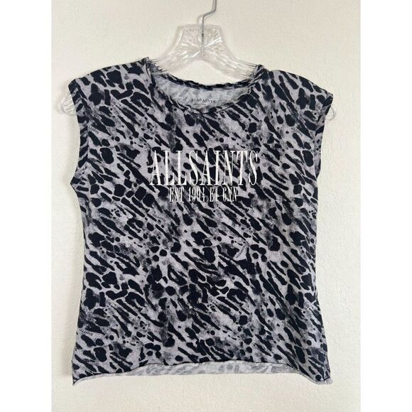 AllSaints Women Size XS Gray Black Leopard Print Cotton Ambient Kiana Tank Top - Picture 1 of 10